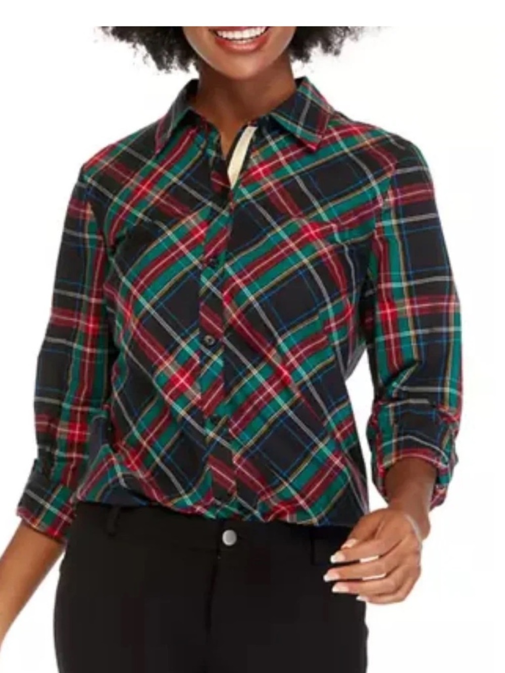 Kim Rogers Tartan Button-Down Shirt w/ w/ gold metallic trim-NWT. Retail 48
